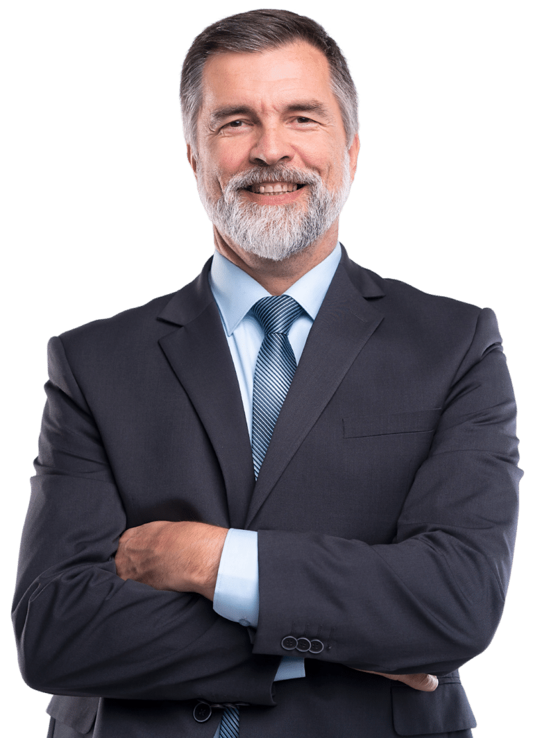 Happy satisfied mature businessman looking at camera